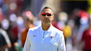 Oct 11, 2025; Dallas, Texas, USA; Texas Longhorns head coach Steve Sarkisian looks on before the game against the Oklahoma Sooners at Cotton Bowl. Mandatory Credit: Jerome Miron-Imagn Images