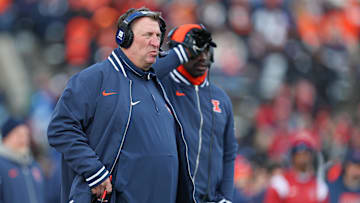 Nov 23, 2024; Piscataway, New Jersey, USA; Illinois Fighting Illini head coach Bret Bielema looks on during the second half against the Rutgers Scarlet Knights at SHI Stadium. Mandatory Credit: Vincent Carchietta-Imagn Images