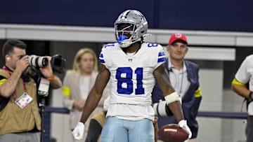 Aug 16, 2025; Arlington, Texas, USA; Dallas Cowboys wide receiver Jonathan Mingo (81) celebrates after he catches a pass for a first down against the Baltimore Ravens during the second half at AT&T Stadium. Mandatory Credit: Jerome Miron-Imagn Images