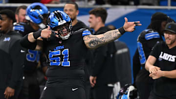 Oct 20, 2025; Detroit, Michigan, USA; Detroit Lions defensive tackle Roy Lopez (51) reacts against the Tampa Bay Buccaneers during the second half at Ford Field. Mandatory Credit: Lon Horwedel-Imagn Images