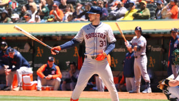 May 25, 2024; Oakland, California, USA; Houston Astros right fielder Kyle Tucker (30) at bat before hitting a sacrifice fly to send in a run Oakland Athletics during the sixth inning at Oakland-Alameda County Coliseum. Mandatory Credit: Kelley L Cox-USA TODAY Sports