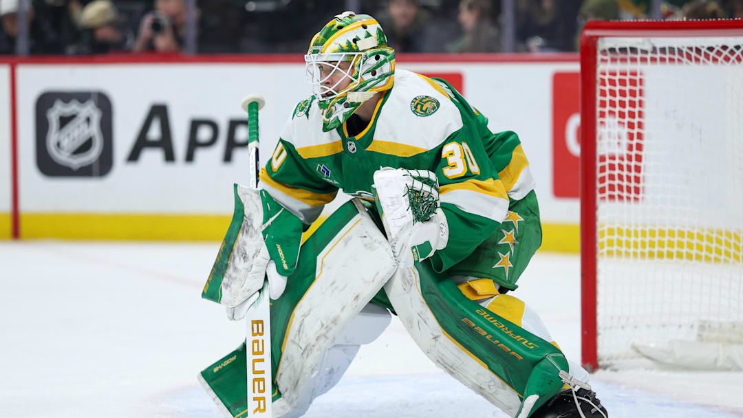 Jan 27, 2026; Saint Paul, Minnesota, USA; Minnesota Wild goaltender Jesper Wallstedt (30) defends his net against the Chicago Blackhawks during the first period at Grand Casino Arena. Mandatory Credit: Matt Krohn-Imagn Images