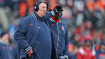Nov 23, 2024; Piscataway, New Jersey, USA; Illinois Fighting Illini head coach Bret Bielema looks on during the second half against the Rutgers Scarlet Knights at SHI Stadium. Mandatory Credit: Vincent Carchietta-Imagn Images