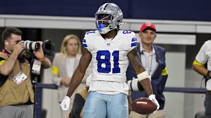Aug 16, 2025; Arlington, Texas, USA; Dallas Cowboys wide receiver Jonathan Mingo (81) celebrates after he catches a pass for a first down against the Baltimore Ravens during the second half at AT&T Stadium. Mandatory Credit: Jerome Miron-Imagn Images