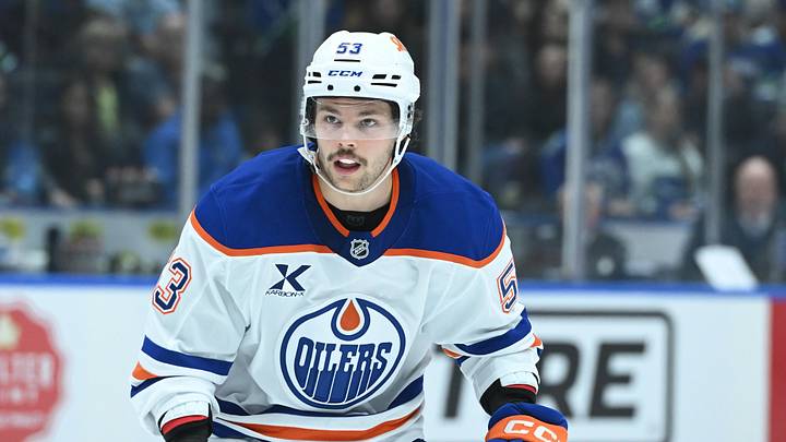 Oct 26, 2025; Vancouver, British Columbia, CAN; Edmonton Oilers left wing Isaac Howard (53) reacts to the play against the Vancouver Canucks during the third period at Rogers Arena. Mandatory Credit: Simon Fearn-Imagn Images