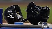 Jul 25, 2025; Arlington, Texas, USA; A view of a Atlanta Braves batting helmet during the game between the Texas Rangers and the Atlanta Braves at Globe Life Field. Mandatory Credit: Jerome Miron-Imagn Images