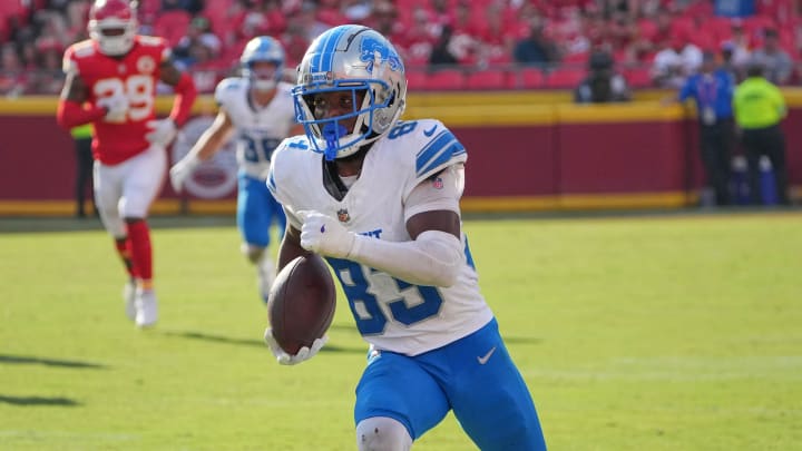 Aug 17, 2024; Kansas City, Missouri, USA; Detroit Lions wide receiver Isaiah Williams (83) runs the ball against the Kansas City Chiefs during the game at GEHA Field at Arrowhead Stadium. Mandatory Credit: Denny Medley-USA TODAY Sports