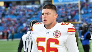 Nov 2, 2025; Orchard Park, New York, USA; Kansas City Chiefs defensive end George Karlaftis (56) goes to the locker room before a game against the Buffalo Bills at Highmark Stadium. Mandatory Credit: Mark Konezny-Imagn Images