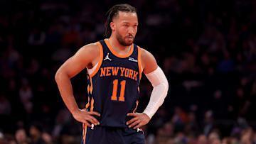 Dec 3, 2024; New York, New York, USA; New York Knicks guard Jalen Brunson (11) reacts during the first quarter against the Orlando Magic at Madison Square Garden. Mandatory Credit: Brad Penner-Imagn Images