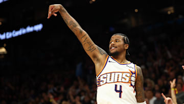 Nov 6, 2025; Phoenix, Arizona, USA; Phoenix Suns guard Jalen Green (4) against the Los Angeles Clippers at the Mortgage Matchup Center. Mandatory Credit: Mark J. Rebilas-Imagn Images