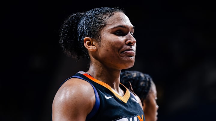 Jul 27, 2025; Washington, District of Columbia, USA; Phoenix Mercury forward Alyssa Thomas (25) reacts in the second half against the Washington Mystics at CareFirst Arena. Mandatory Credit: Emily Faith Morgan-Imagn Images