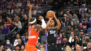 Dec 14, 2023; Sacramento, California, USA; Sacramento Kings forward Keegan Murray (13) shoots against Oklahoma City Thunder guard Shai Gilgeous-Alexander (2) during the first quarter at Golden 1 Center. Mandatory Credit: Darren Yamashita-USA TODAY Sports