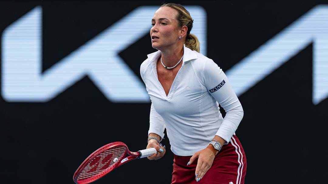 Donna Vekic of Croatia in action during the first round of the Australian Open. Mandatory Credit: Mike Frey-Imagn Images