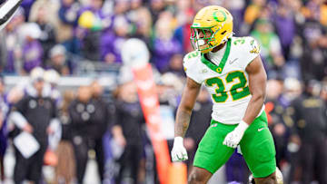 Oregon outside linebacker Nasir Wyatt celebrates a sack as the Oregon Ducks take on the Washington Huskies on Nov. 29, 2025, at Husky Stadium in Seattle, Washington.