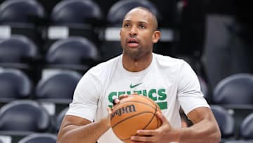 Mar 21, 2025; Salt Lake City, Utah, USA; Boston Celtics center Al Horford warms up before the game against the Utah Jazz at Delta Center. Mandatory Credit: Rob Gray-Imagn Images