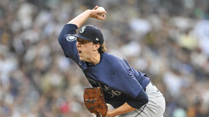 Seattle Mariners starting pitcher Logan Gilbert pitches against the San Diego Padres on July 9 at Petco Park.