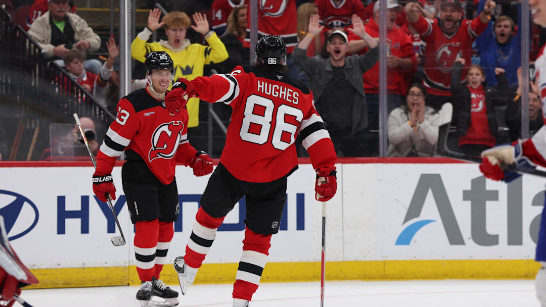 Apr 4, 2026; Newark, New Jersey, USA; New Jersey Devils center Jack Hughes (86) celebrates his goal against the Montréal Canadiens during the second period at Prudential Center. Mandatory Credit: Thomas Salus-Imagn Images