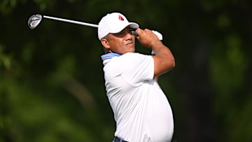Jhonattan Vegas tees off during the second round of the 2025 PGA Championship at Quail Hollow Club