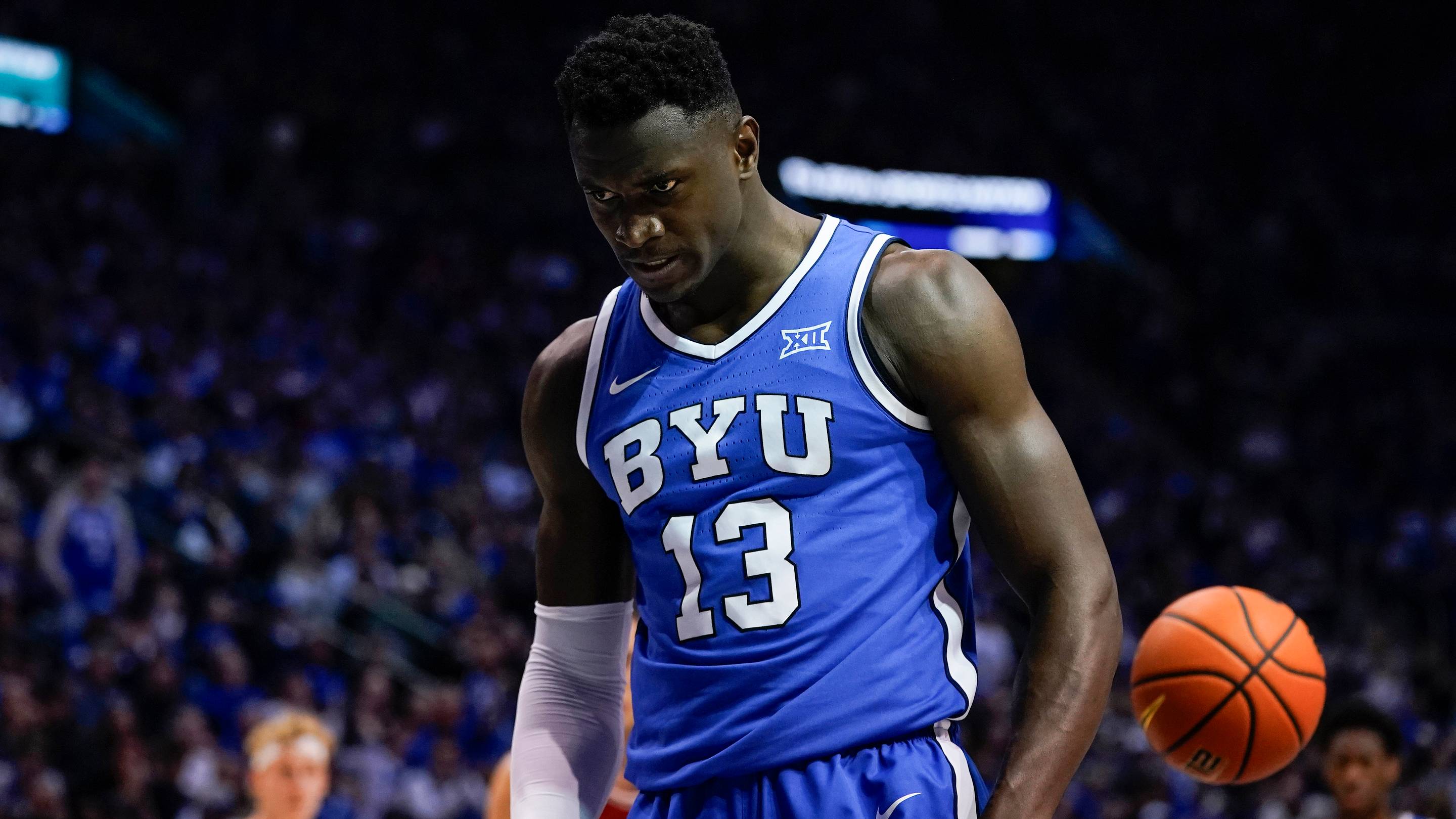 Jan 24, 2026; Provo, Utah, USA; BYU Cougars forward Keba Keita (13) reacts during the first half against the Utah Utes at Marriott Center. Mandatory Credit: Aaron Baker-Imagn Images | IMAGN IMAGES via Reuters Connect