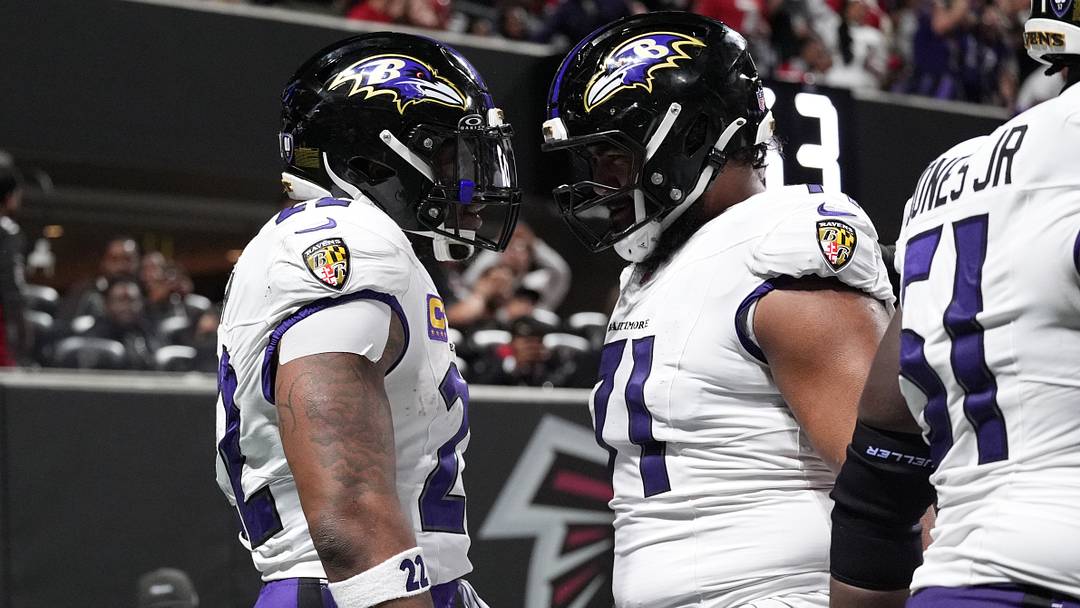 Oct 11, 2026; Atlanta, Georgia, USA; Baltimore Ravens running back Derrick Henry (22) celebrates with guard Vega Ioane (71) after scoring a touchdown during the third quarter against the Atlanta Falcons at Mercedes-Benz Stadium. Mandatory Credit: Dale Zanine-Imagn Images Oct 11, 2026; Atlanta, Georgia, USA; Baltimore Ravens running back Derrick Henry (22) celebrates with guard Vega Ioane (71) after scoring a touchdown during the third quarter against the Atlanta Falcons at Mercedes-Benz Stadium. Mandatory Credit: Dale Zanine-Imagn Images