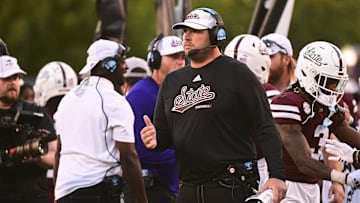 Oct 19, 2024; Starkville, Mississippi, USA; Mississippi State Bulldogs head coach Jeff Lebby stands on the sidelines during the fourth quarter against the Texas A&M Aggies at Davis Wade Stadium at Scott Field. Mandatory Credit: Matt Bush-Imagn Images