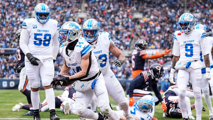 Detroit Lions wide receiver Amon-Ra St. Brown celebrates a touchdown against Chicago Bears. Detroit Lions wide receiver Amon-Ra St. Brown celebrates a touchdown against Chicago Bears.