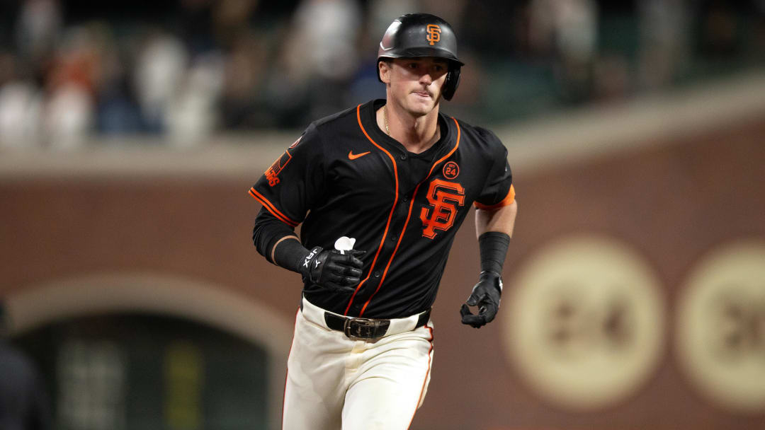 Jul 27, 2024; San Francisco, California, USA; San Francisco Giants shortstop Tyler Fitzgerald (49) runs out his solo home run against the Colorado Rockies during the eighth inning at Oracle Park. 