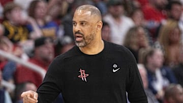 Apr 4, 2024; Houston, Texas, USA; Houston Rockets head coach Ime Udoka coaches against the Golden State Warriors in the second half at Toyota Center. Mandatory Credit: Thomas Shea-Imagn Images