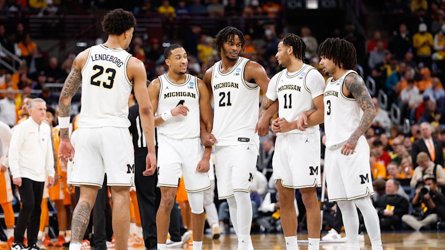 Yaxel Lendeborg (23), Nimari Burnett (4), Morez Johnson Jr. (21), Roddy Gayle Jr. (11) and guard Elliot Cadeau (3).