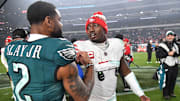 Philadelphia Eagles cornerback Darius Slay and San Francisco 49ers wide receiver Deebo Samuel at Lincoln Financial Field