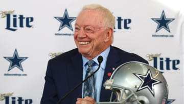 Jan 8, 2020; Frisco, Texas, USA; Dallas Cowboys owner Jerry Jones smiles as he answers questions during a press conference at Ford Center at the Star. Mandatory Credit: Matthew Emmons-USA TODAY Sports