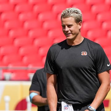 Sep 15, 2024; Kansas City, Missouri, USA; Kansas City Chiefs quarterback Patrick Mahomes (15) talks with Cincinnati Bengals quarterback Joe Burrow (9) on field prior to a game at GEHA Field at Arrowhead Stadium. Mandatory Credit: Denny Medley-Imagn Images