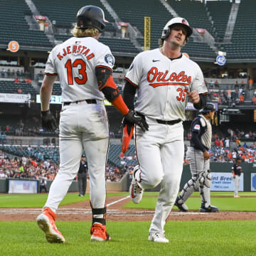 Baltimore Orioles catcher Adley Rutschman (35) celebrates with left fielder Heston Krerstad (13)  after scoring during the third inning against the Cleveland Guardians at Oriole Park at Camden Yards on June 24.