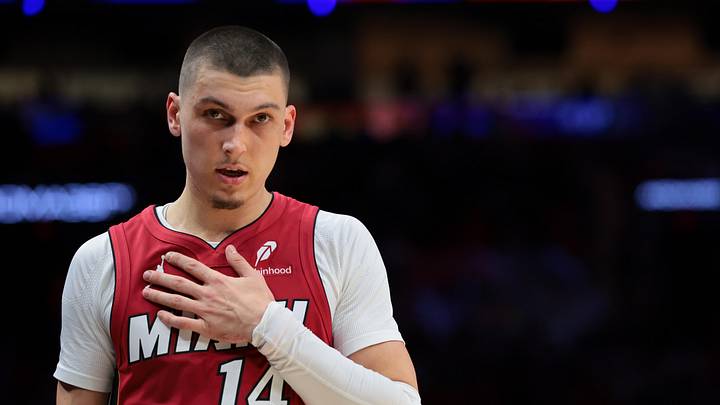 Miami Heat guard Tyler Herro looks on against the Phoenix Suns