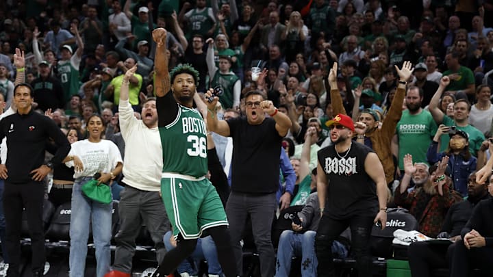 May 25, 2023; Boston, Massachusetts, USA; Boston Celtics guard Marcus Smart (36) reacts after a shot during the third quarter against the Miami Heat in game five of the Eastern Conference Finals for the 2023 NBA playoffs at TD Garden. Mandatory Credit: Winslow Townson-Imagn Images
