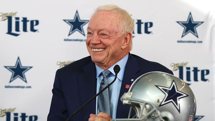 Jan 8, 2020; Frisco, Texas, USA; Dallas Cowboys owner Jerry Jones smiles as he answers questions during a press conference at Ford Center at the Star. Mandatory Credit: Matthew Emmons-USA TODAY Sports