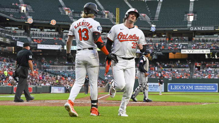 Baltimore Orioles catcher Adley Rutschman (35) celebrates with left fielder Heston Krerstad (13)  after scoring during the third inning against the Cleveland Guardians at Oriole Park at Camden Yards on June 24.