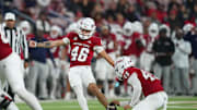 Nov 5, 2022; Fresno, California, USA; Fresno State Bulldogs kicker Dylan Lynch (46) kicks a field goal against the Hawaii Rainbow Warriors in the third quarter at Valley Children's Stadium. Mandatory Credit: Cary Edmondson-Imagn Images