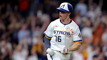 Houston Astros right fielder Zach Cole (16) reacts after hitting a two run home run to right field against the Texas Rangers during the fifth inning at Daikin Park. 