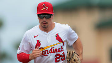 Feb 24, 2025; Jupiter, Florida, USA; St. Louis Cardinals right fielder Matt Koperniak (29) returns to the dugout against the New York Mets during the fourth inning at Roger Dean Chevrolet Stadium. Mandatory Credit: Sam Navarro-Imagn Images