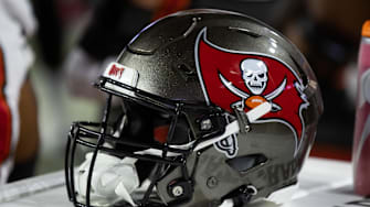 Detailed view of a Tampa Bay Buccaneers helmet at State Farm Stadium.
