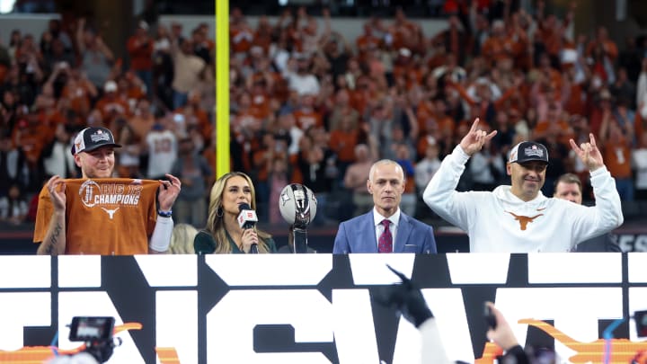 Dec 2, 2023; Arlington, TX, USA;  Texas Longhorns quarterback Quinn Ewers (3) and Texas Longhorns head coach Steve Sarkisian.