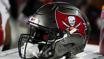 Dec 25, 2022; Glendale, Arizona, USA; Detailed view of a Tampa Bay Buccaneers helmet at State Farm Stadium. Mandatory Credit: Mark J. Rebilas-Imagn Images