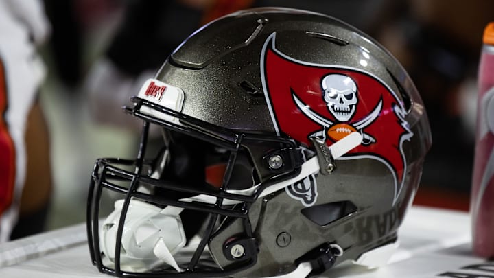 Dec 25, 2022; Glendale, Arizona, USA; Detailed view of a Tampa Bay Buccaneers helmet at State Farm Stadium. Mandatory Credit: Mark J. Rebilas-Imagn Images