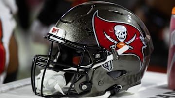 Dec 25, 2022; Glendale, Arizona, USA; Detailed view of a Tampa Bay Buccaneers helmet at State Farm Stadium. Mandatory Credit: Mark J. Rebilas-Imagn Images