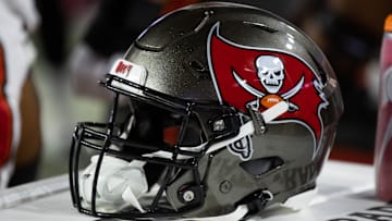 Dec 25, 2022; Glendale, Arizona, USA; Detailed view of a Tampa Bay Buccaneers helmet at State Farm Stadium. Mandatory Credit: Mark J. Rebilas-Imagn Images