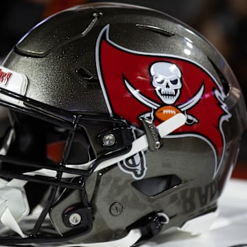 Dec 25, 2022; Glendale, Arizona, USA; Detailed view of a Tampa Bay Buccaneers helmet at State Farm Stadium. Mandatory Credit: Mark J. Rebilas-Imagn Images