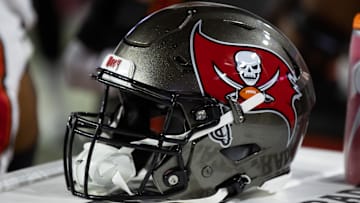 Dec 25, 2022; Glendale, Arizona, USA; Detailed view of a Tampa Bay Buccaneers helmet at State Farm Stadium. Mandatory Credit: Mark J. Rebilas-Imagn Images