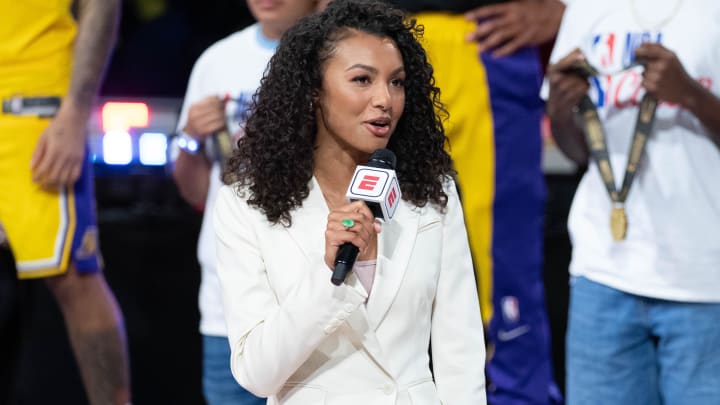 December 9, 2023; Las Vegas, Nevada, USA; ESPN reporter Malika Andrews after the in-season tournament championship between the Los Angeles Lakers and the Indiana Pacers at T-Mobile Arena. 