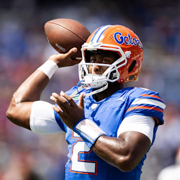 Florida Gators QB DJ Lagway, a former Willis (Texas) great, warms up for Miami at Ben Hill Griffin Stadium on Aug. 31, 2024.